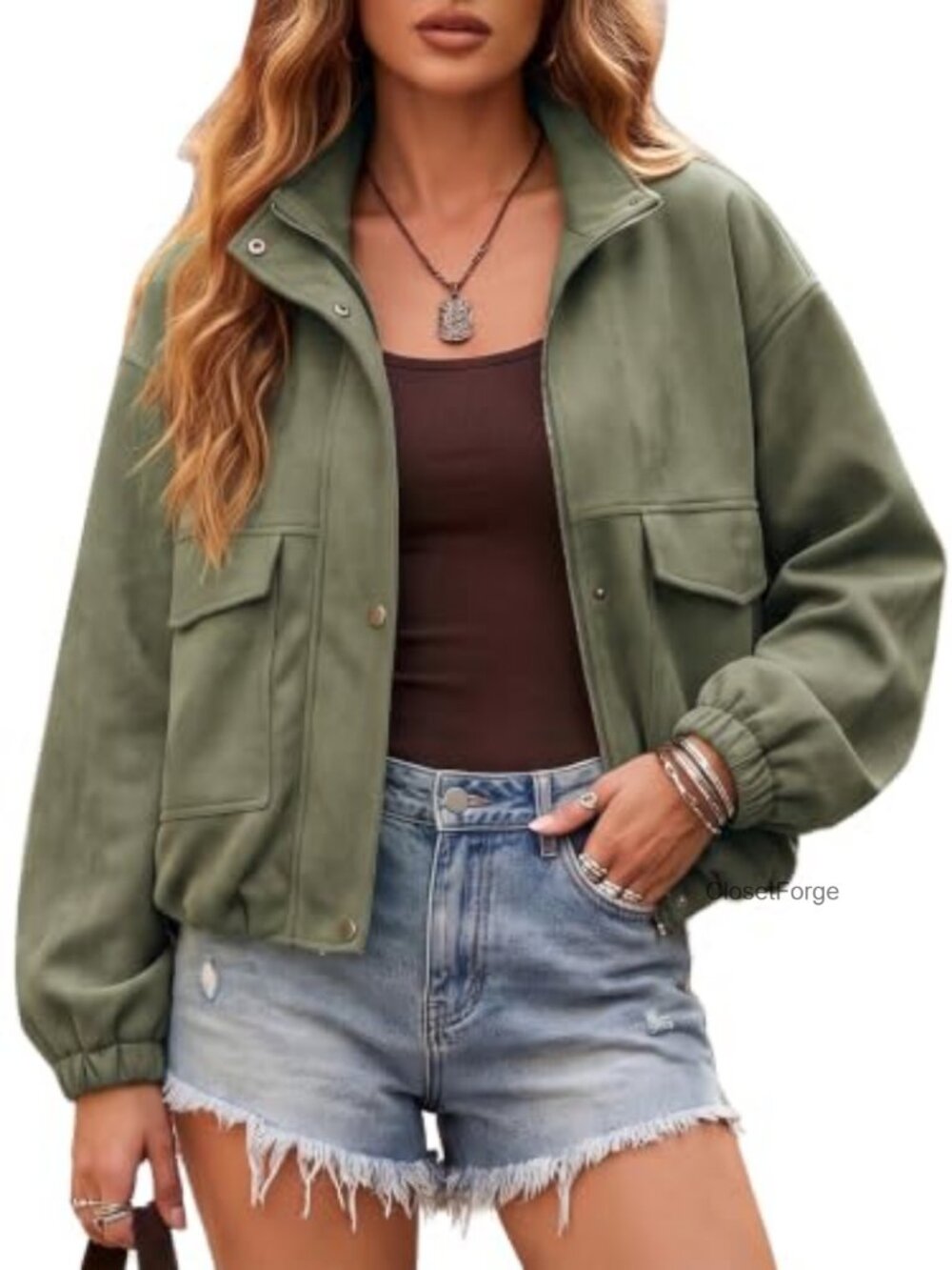 Faux Suede Bomber Jacket Oversized Cropped Zip Up Coat with Pockets